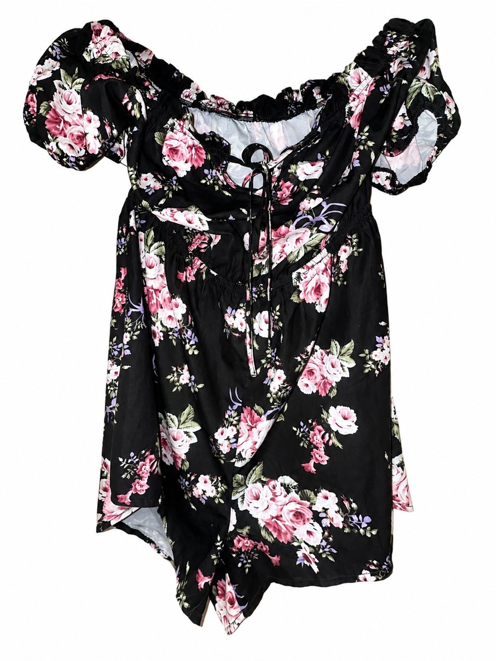 Black Floral Off-Shoulder Romper with Pink Rose Print
